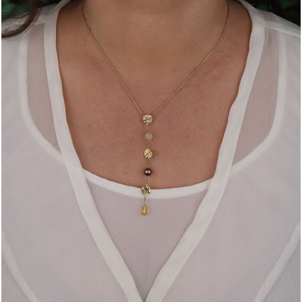 14k Yellow Gold Freshwater Brown Pearl, Quartz, Citrine Necklace Y Drop Lariat - Picture 4 of 8